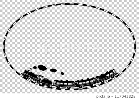 Toy-style silhouette illustration of SL C57 and Salon Car Naniwa, elliptical frame of railroad tracks 117043828