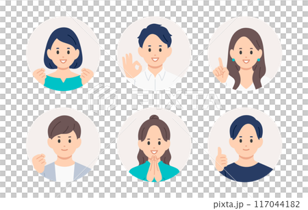 ポジティブな若い男女の顔アイコンセット【人物ベクターイラスト素材】 117044182