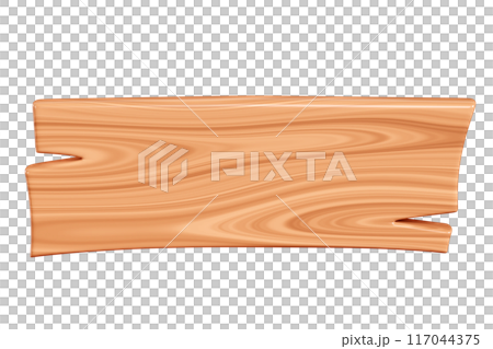 Wooden rectangular plaque with cracks for text box. Cartoon 3d render illustration of signboard with brown wood texture. Vintage rustic timber plank, nameplate or board frame with fracture. 117044375