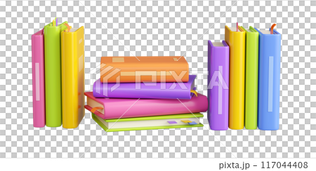 Stack of paper standing and lying books with bright hardcover and bookmarks. Cartoon 3d render illustration of literature pile for read and education design. Stacked textbook for store or library. 117044408
