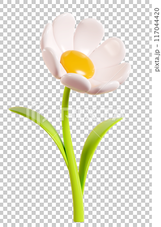 Daisy plastic flower with white petals, green stem and leaf. Cartoon icon 3d render illustration. Cute chamomile bubble bloom for spring and summer design. Glossy balloon blossom floral element. Daisy plastic flower with white petals, green stem and leaf. Cartoon icon 3d render illustration. Cute chamomile bubble bloom for spring and summer design. Glossy balloon blossom floral element. 117044420