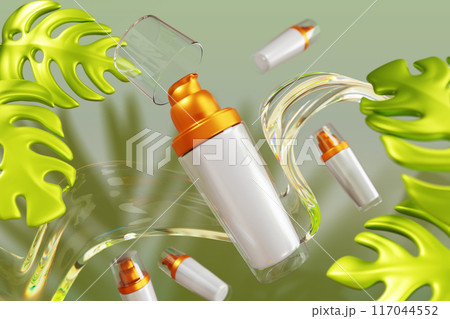 Natural skin care beauty product 3d mockup banner. Cosmetic glass pump bottle for cream, serum, lotion or gel with water wave splash, tropical leaf and shadow on green wall background. 3D illustration Natural skin care beauty product 3d mockup banner. Cosmetic glass pump bottle for cream, serum, lotion or gel with water wave splash, tropical leaf and shadow on green wall background. 3D illustration 117044552