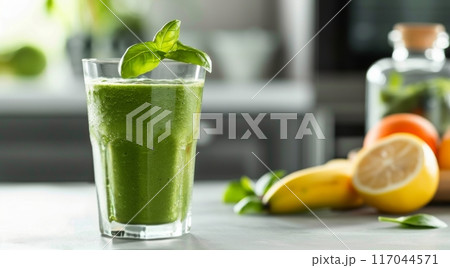 Refreshing Green Smoothie With Fresh Ingredients in Modern Kitchen Setting 117044571