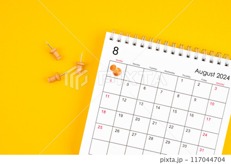 August 2024 Monthly desk calendar for 2024 year with wooden pin. 117044704