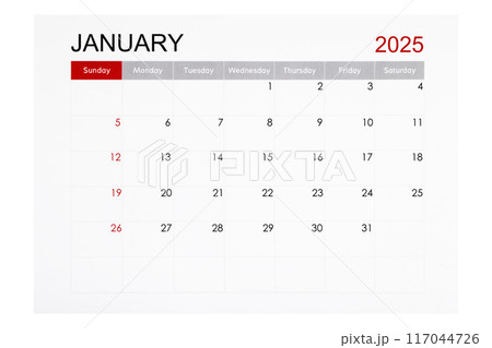 January 2025 monthly calendar page isolated on white background. January 2025 monthly calendar page isolated on white background. 117044726
