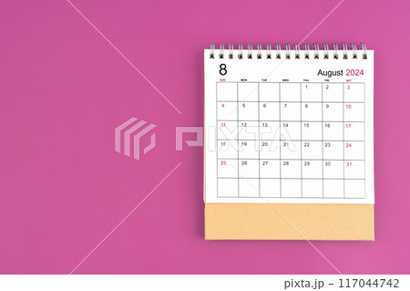 August 2024, Monthly desk calendar for 2024 year on purple background. 117044742
