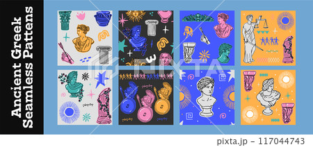 Ancient Greek Hand drawn Seamless Pattern Set with sculptures and columns 117044743