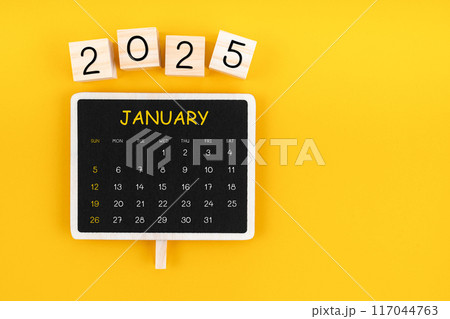 Calendar for January 2025 in black chalkboard with copy space. Calendar for January 2025 in black chalkboard with copy space. 117044763