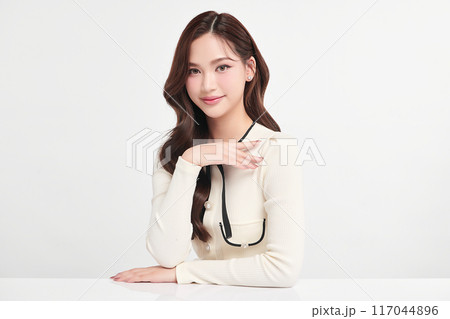 Beautiful young asian woman with clean fresh skin on white background, Face care, Facial treatment, Cosmetology, beauty and spa, Asian women portrait. 117044896