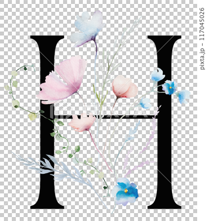 Black letter H with Watercolor pastel tender wild flowers and leaves, wedding isolated illustration Black letter H with Watercolor pastel tender wild flowers and leaves, wedding isolated illustration 117045026