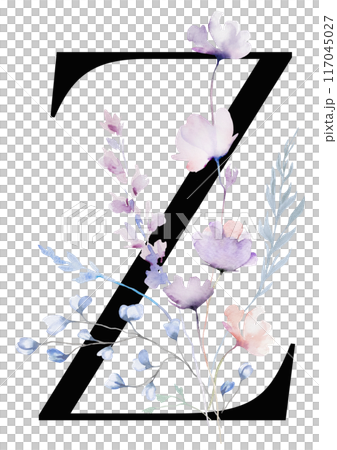 Black letter Z with Watercolor pastel tender wild flowers and leaves, wedding isolated illustration 117045027