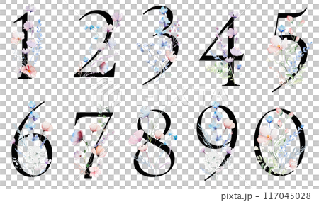 Black numbers with Watercolor pastel wild flowers and leaves, wedding isolated illustration 117045028