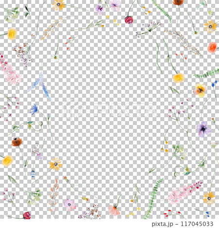 Oval frame made of watercolor wild flowers and leaves, wedding and greeting illustration 117045033