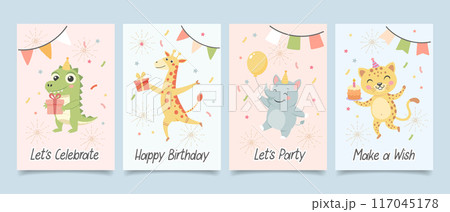 Childrens cute greeting card set. Birthday party animals with gift boxes, cake, party hats and balloons. Illustration, templates, postcards collection 117045178