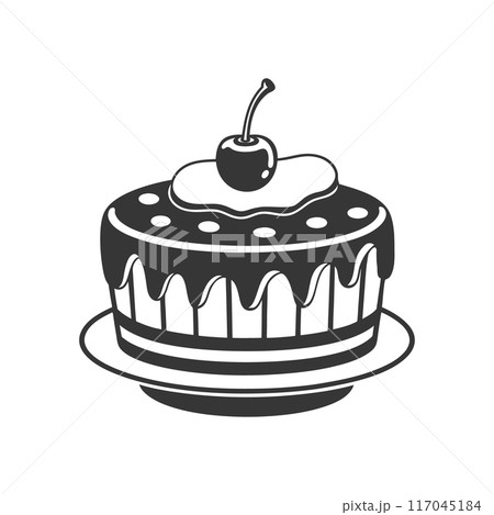 Cherry cake on white background, engraving, silhouette. Black and white illustration of dessert, pastry, food icon Cherry cake on white background, engraving, silhouette. Black and white illustration of dessert, pastry, food icon 117045184