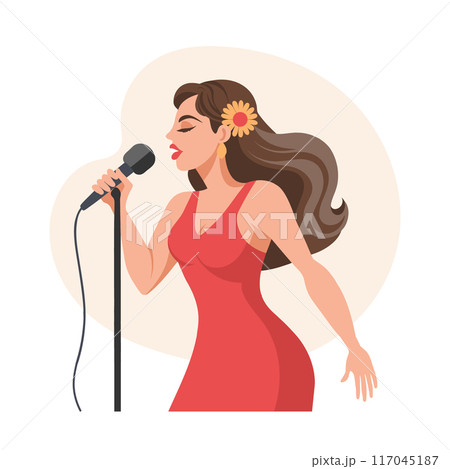 Beautiful young woman with microphone singing. Flat illustration, clip art 117045187