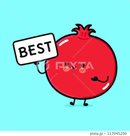 Cute Pomegranate fruit with poster best. Vector hand drawn cartoon kawaii character illustration icon. Isolated on blue background. Pomegranate fruit think concept 117045200
