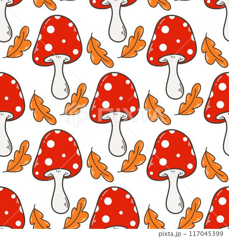 Fly agaric and fallen leaves seamless pattern 117045399