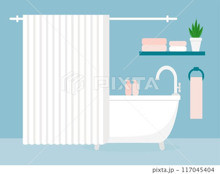Bathroom with bathtub curtained with curtain, shelves and hygiene items Bathroom with bathtub curtained with curtain, shelves and hygiene items 117045404