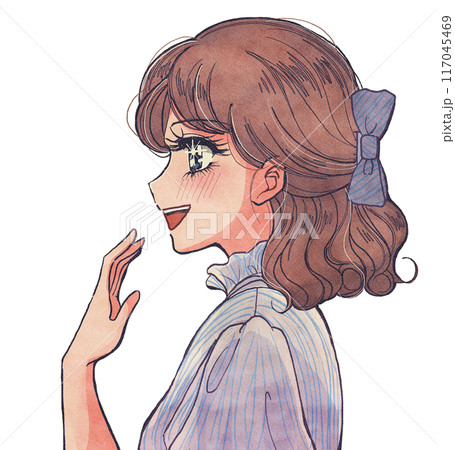 レトロアニメ風・微笑む美少女お嬢様マドンナの横顔イラスト 117045469