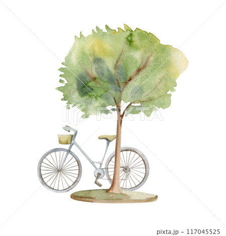 Old European city town street urban village space with trees green hedge, parked bicycle. Watercolor hand drawn seamless banner. For tourist shops, souvenirs, travel brochures, architectural bureau Old European city town street urban village space with trees green hedge, parked bicycle. Watercolor hand drawn seamless banner. For tourist shops, souvenirs, travel brochures, architectural bureau 117045525