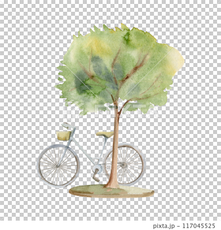 Old European city town street urban village space with trees green hedge, parked bicycle. Watercolor hand drawn seamless banner. For tourist shops, souvenirs, travel brochures, architectural bureau Old European city town street urban village space with trees green hedge, parked bicycle. Watercolor hand drawn seamless banner. For tourist shops, souvenirs, travel brochures, architectural bureau 117045525