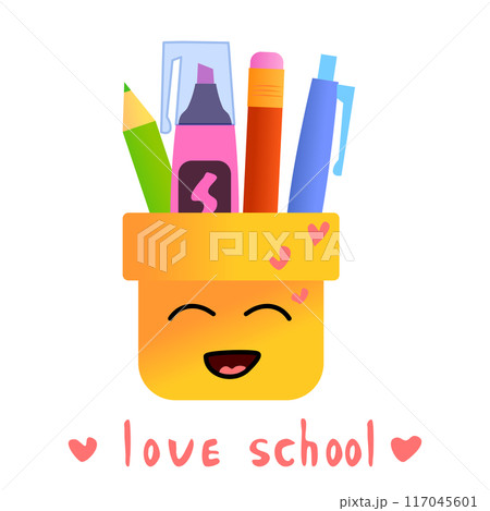 Cute smiling Kawaii cup for pens pencils and other school paraphernalia. Vector illustration pens pencils and a marker with a transparent cap stick out of a yellow glass. The green pencil sticks out Cute smiling Kawaii cup for pens pencils and other school paraphernalia. Vector illustration pens pencils and a marker with a transparent cap stick out of a yellow glass. The green pencil sticks out 117045601