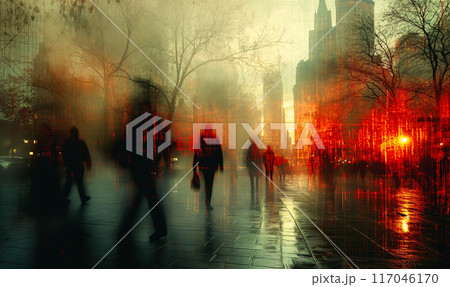 People walk along a city street. 117046170