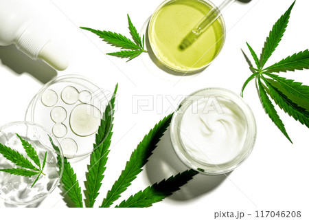 CBD oil in dropper and cosmetic products CBD oil in dropper and cosmetic products 117046208