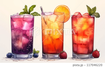 Illustration of colorful cocktails in different glasses. 117046220