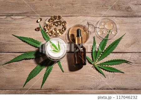 Hemp cannabis leaves and cbd oil products Hemp cannabis leaves and cbd oil products 117046232