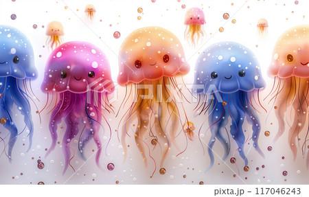 Watercolor multi-colored jellyfish on a white background. 117046243