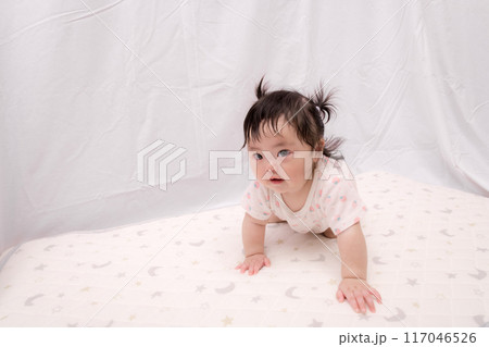 【はいはいを始める髪を結んだ赤ちゃん】 【はいはいを始める髪を結んだ赤ちゃん】 117046526