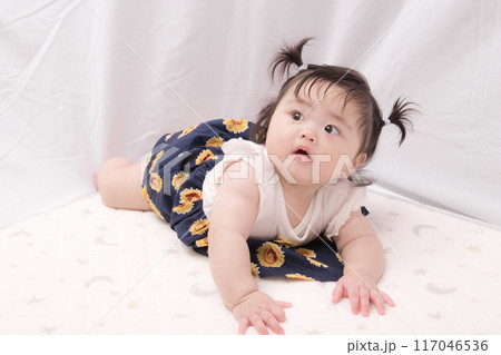 【はいはいを始める髪を結んだ赤ちゃん】 【はいはいを始める髪を結んだ赤ちゃん】 117046536