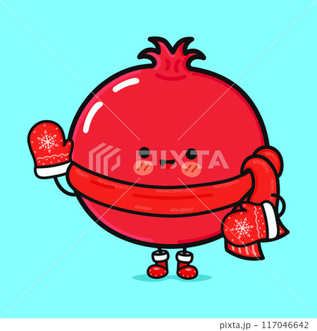 Funny smiling happy Pomegranate fruit christmas. Vector flat cartoon character illustration icon design. Isolated on blue background Funny smiling happy Pomegranate fruit christmas. Vector flat cartoon character illustration icon design. Isolated on blue background 117046642