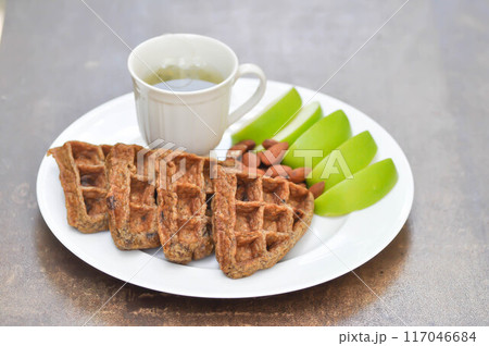waffle with apple and tea or riceberry waffle , Chocolate Banana Whole Wheat Waffle and almond waffle with apple and tea or riceberry waffle , Chocolate Banana Whole Wheat Waffle and almond 117046684