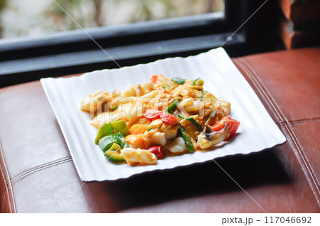 stir fried squid with vegetable, curry squid or squid salad 117046692