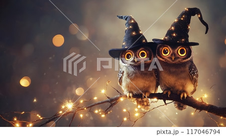Magical Owls in Witch Hats Perched on Autumn Branches with Twinkling Lights 117046794