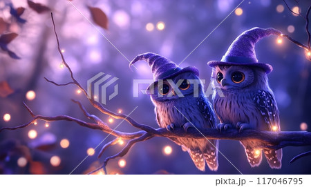 Whimsical Owls in Witch Hats Perched on Branches with Twinkling Lights Mystical Halloween Banner 117046795