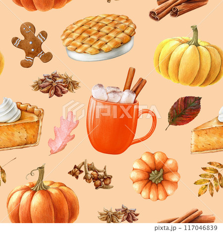 Thanksgiving traditional food and drink seamless pattern. Painted illustration. Hand drawn pumpkin, apple pie, cake, caramel latte, cinnamon, clove elements. Autumn mood pattern in warm colors Thanksgiving traditional food and drink seamless pattern. Painted illustration. Hand drawn pumpkin, apple pie, cake, caramel latte, cinnamon, clove elements. Autumn mood pattern in warm colors 117046839