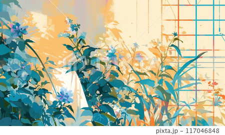 朝の美しい花の植物の眺めのイラスト 117046848