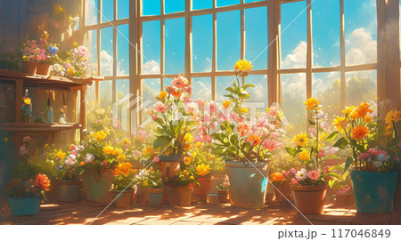 朝の美しい花の植物の眺めのイラスト 117046849