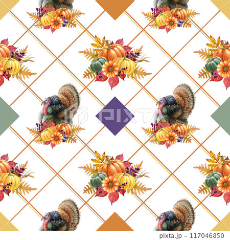 Thanksgiving festive seamless pattern decor. Vintage style painted illustration. Autumn season decor with turkey bird, pumpkins, geometric elements. Thanksgiving seamless pattern on white background 117046850