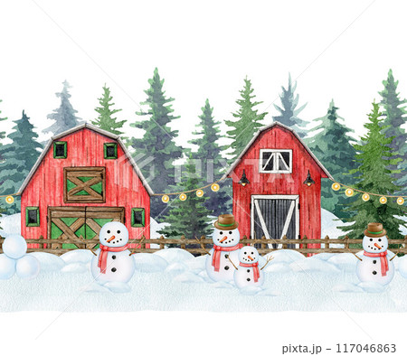 Winter time countryside landscape seamless border festive decor. Vintage style painted illustration. Hand drawn funny snowman, fir tree forest, snow, red barns seamless border element isolated 117046863