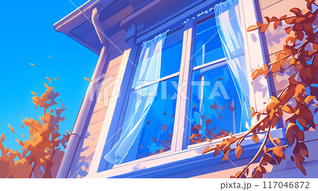 家の窓のカーテンが風になびいている様子 117046872