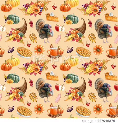 Thanksgiving decor elements festive seamless pattern. Watercolor painted illustration. Hand drawn traditional Thanksgiving decoration, food, turkey bird, flower in warm autumn colors seamless pattern Thanksgiving decor elements festive seamless pattern. Watercolor painted illustration. Hand drawn traditional Thanksgiving decoration, food, turkey bird, flower in warm autumn colors seamless pattern 117046876