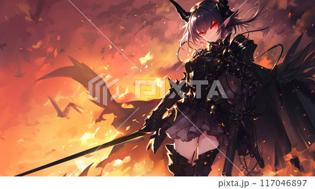 輝く鎧を着たアニメの悪魔の少女ダークファンタジーの背景のイラスト
