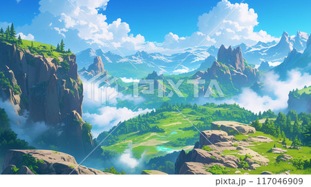 高い岩の崖の山々の眺め、アニメイラスト 高い岩の崖の山々の眺め、アニメイラスト 117046909