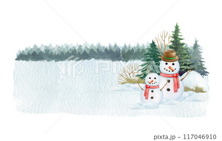 Winter season outdoors nature scene. Funny snowman on snowy ground with fir trees. Vintage style illustration. Smiling two snowman in winter forest scene. Traditional winter season snow decoration Winter season outdoors nature scene. Funny snowman on snowy ground with fir trees. Vintage style illustration. Smiling two snowman in winter forest scene. Traditional winter season snow decoration 117046910