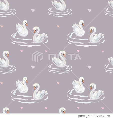 Watercolor seamless pattern with couple of cute swans in love. Hand painted illustration isolated on purple background. For textile of white pastel colors bird and red hearts and water waves Watercolor seamless pattern with couple of cute swans in love. Hand painted illustration isolated on purple background. For textile of white pastel colors bird and red hearts and water waves 117047026